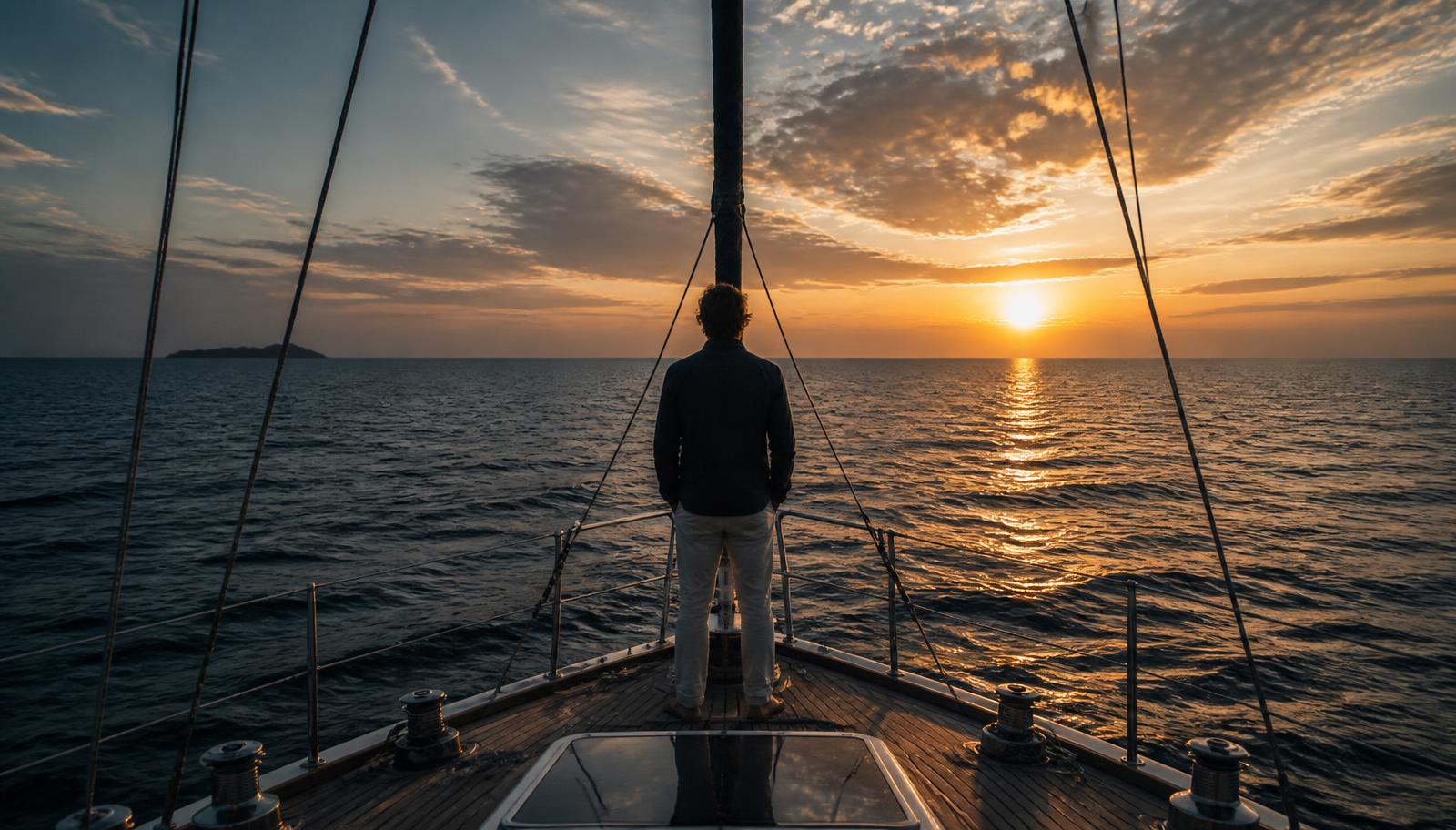 A solitary figure standing at the bow of a yacht at sunset