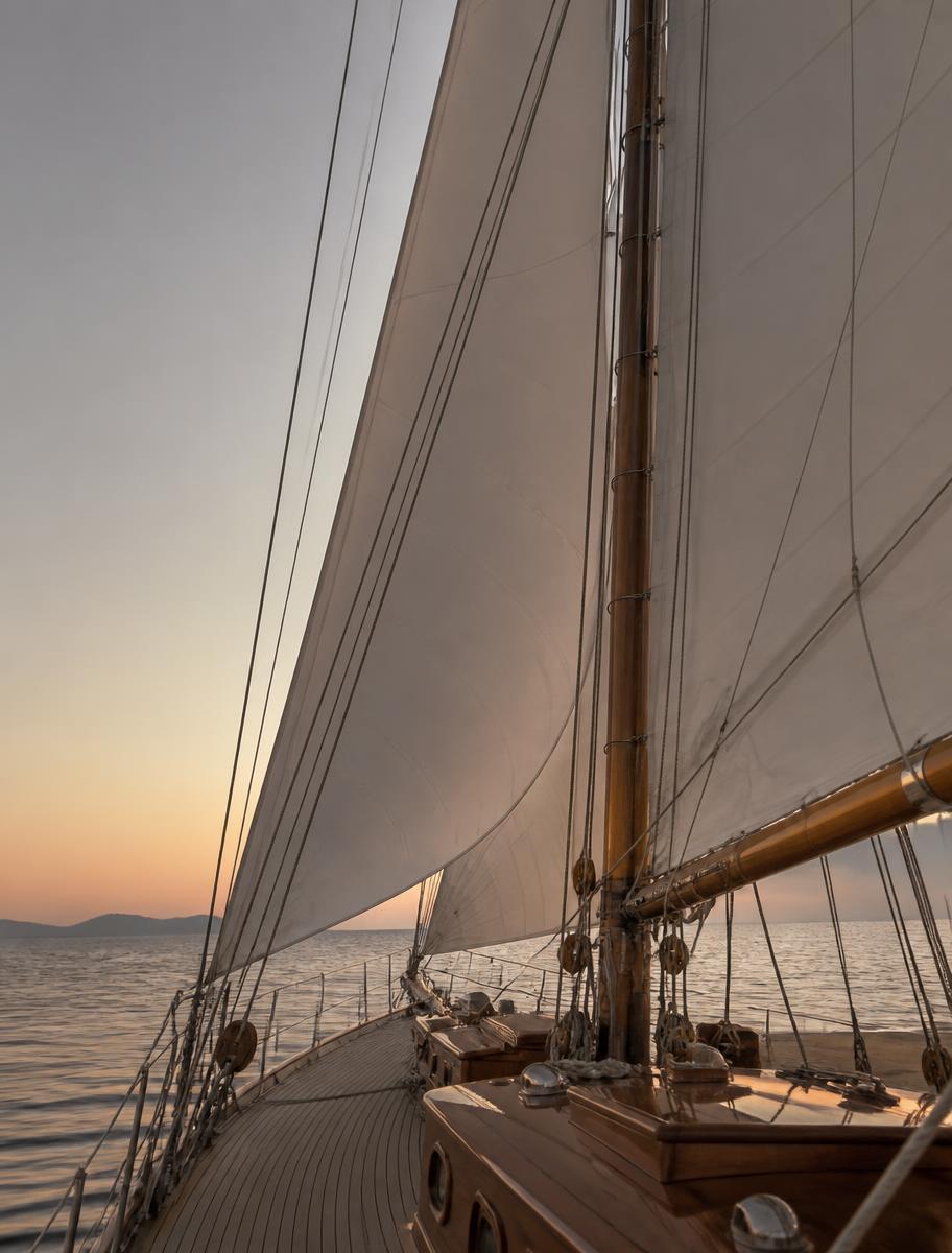 A sailboat moving across open water beneath full sails